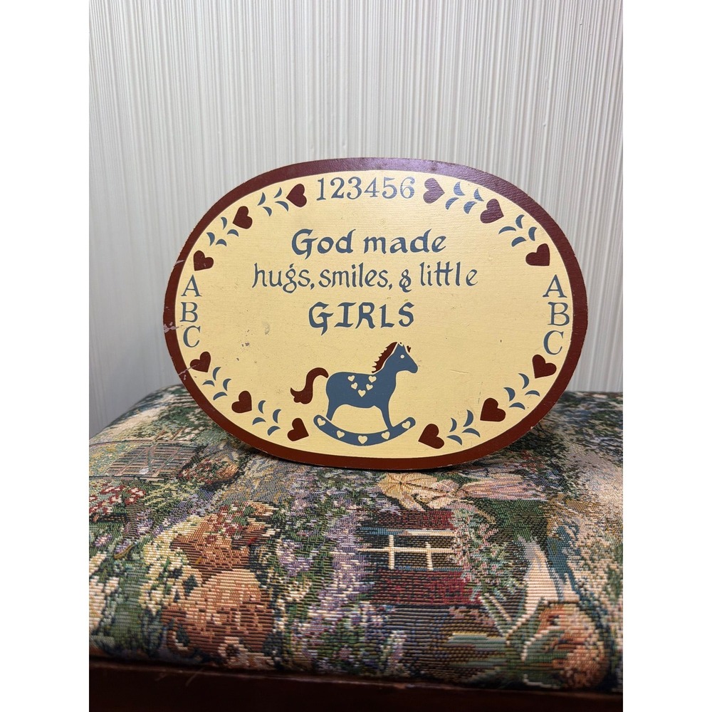 Vintage Primitive Folk Art Wooden Sign "God Made Hugs, Smiles & Little Girls"